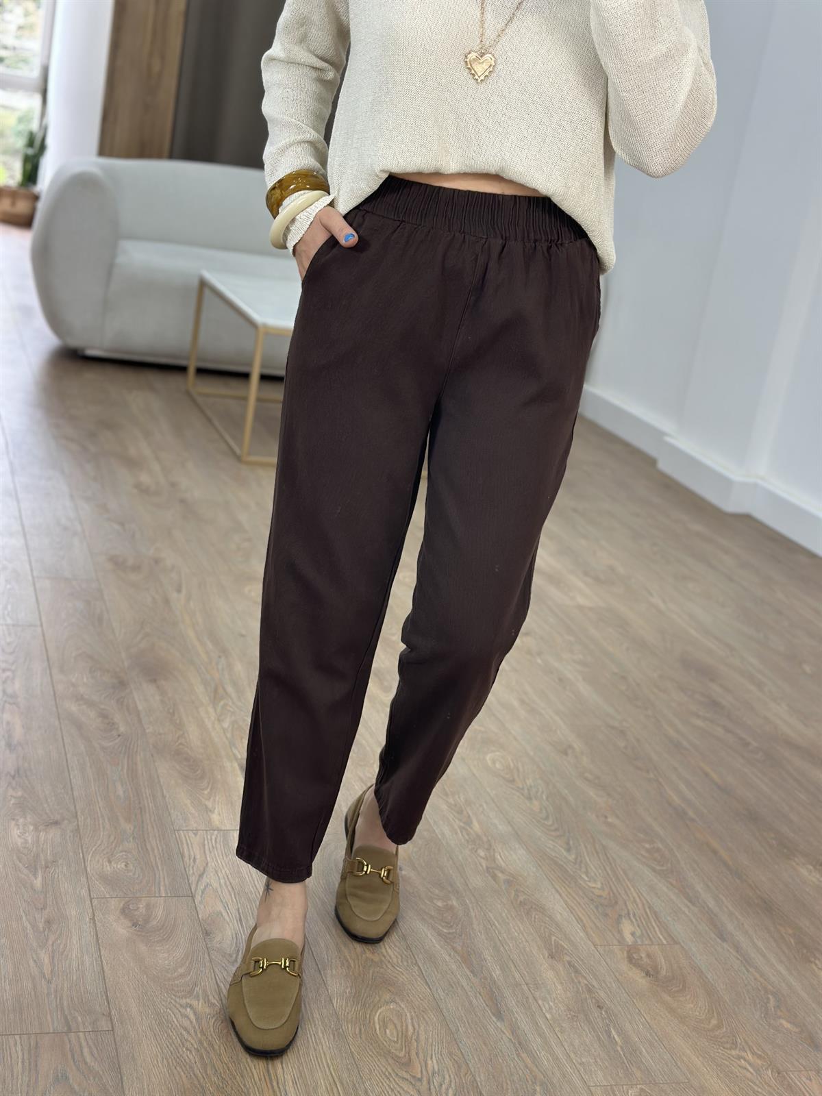 Beli Lastikli Gabardin Havuç Pantolon - Kahverengi