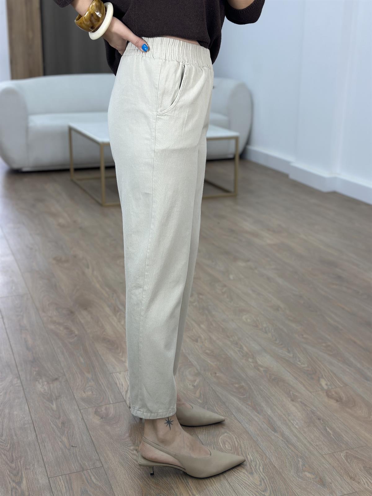 Beli Lastikli Gabardin Havuç Pantolon - Taş