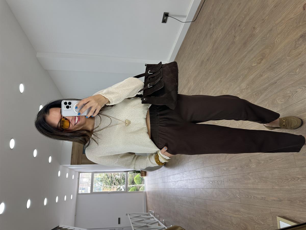 Beli Lastikli Gabardin Havuç Pantolon - Kahverengi