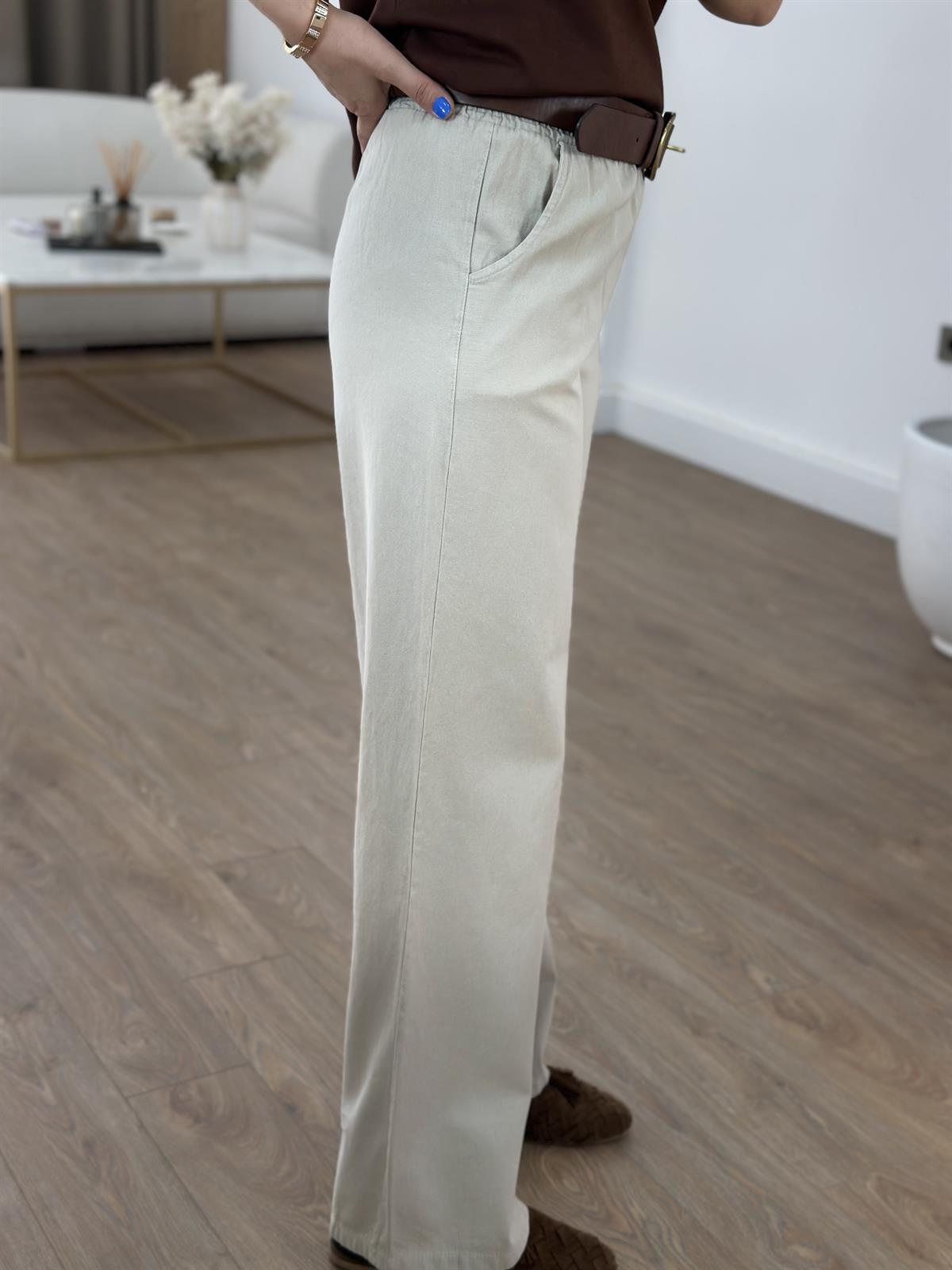 Beli Lastikli Gabardin Pantolon - Taş