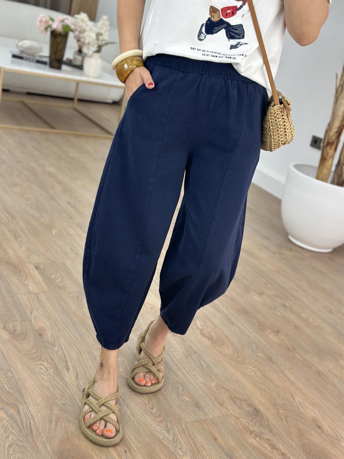 Beli Lastikli Gabardin Şalvar Pantolon - Lacivert