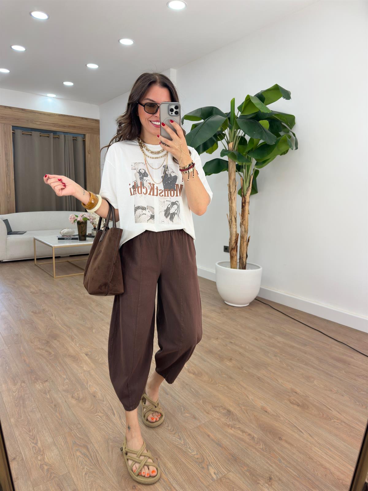 Beli Lastikli Gabardin Şalvar Pantolon - Kahverengi