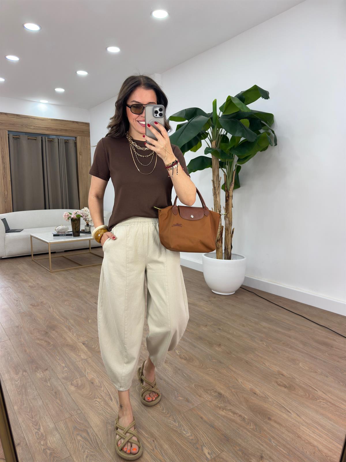 Beli Lastikli Gabardin Şalvar Pantolon - Taş