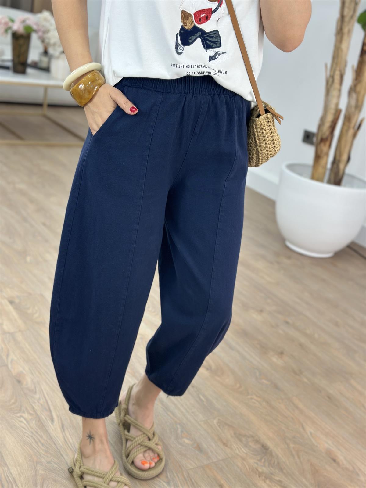 Beli Lastikli Gabardin Şalvar Pantolon - Lacivert