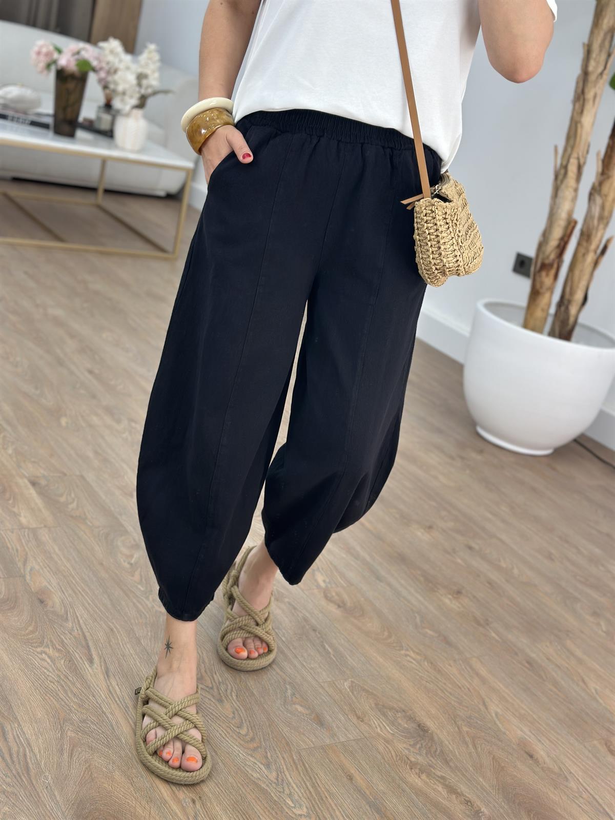 Beli Lastikli Gabardin Şalvar Pantolon - Siyah