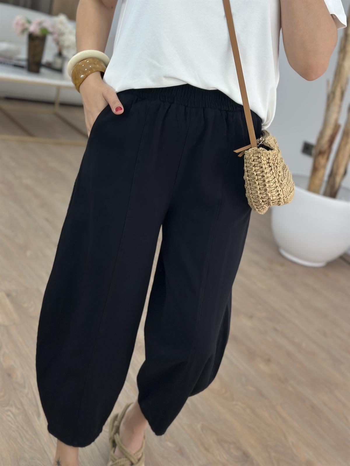 Beli Lastikli Gabardin Şalvar Pantolon - Siyah