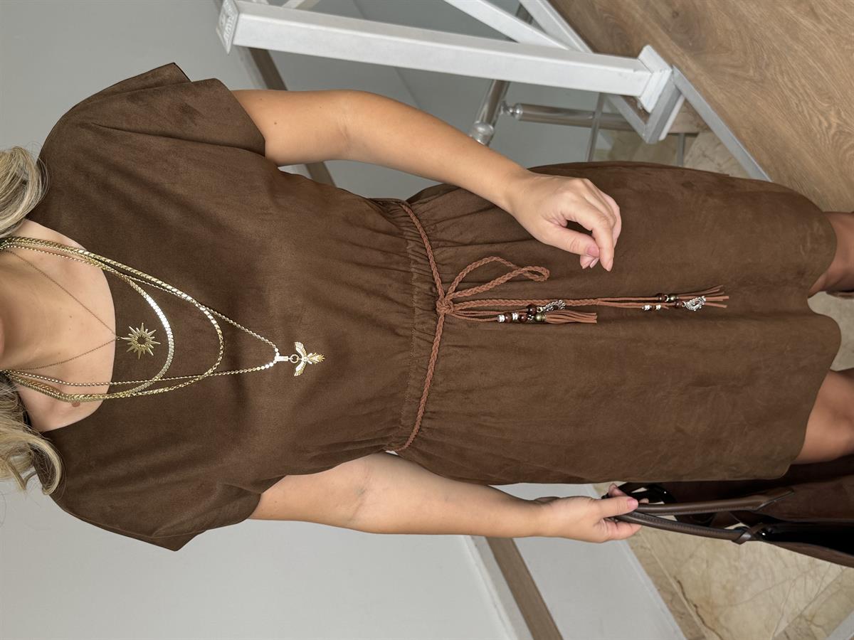 Beli Lastikli Kemerli Süet Elbise - Kahverengi