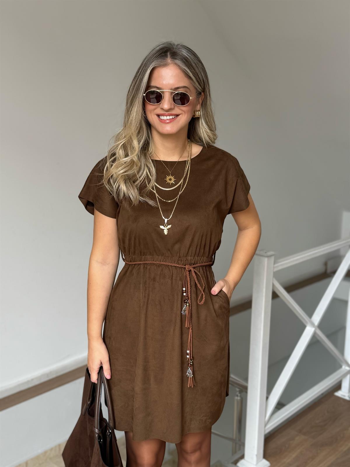 Beli Lastikli Kemerli Süet Elbise - Kahverengi