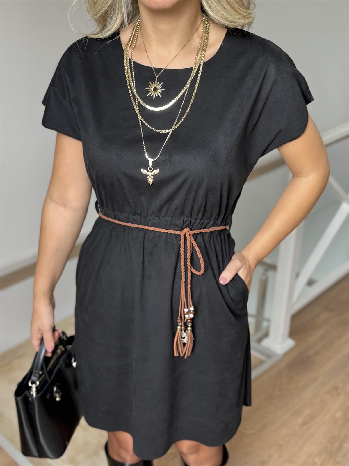 Beli Lastikli Kemerli Süet Elbise - Siyah