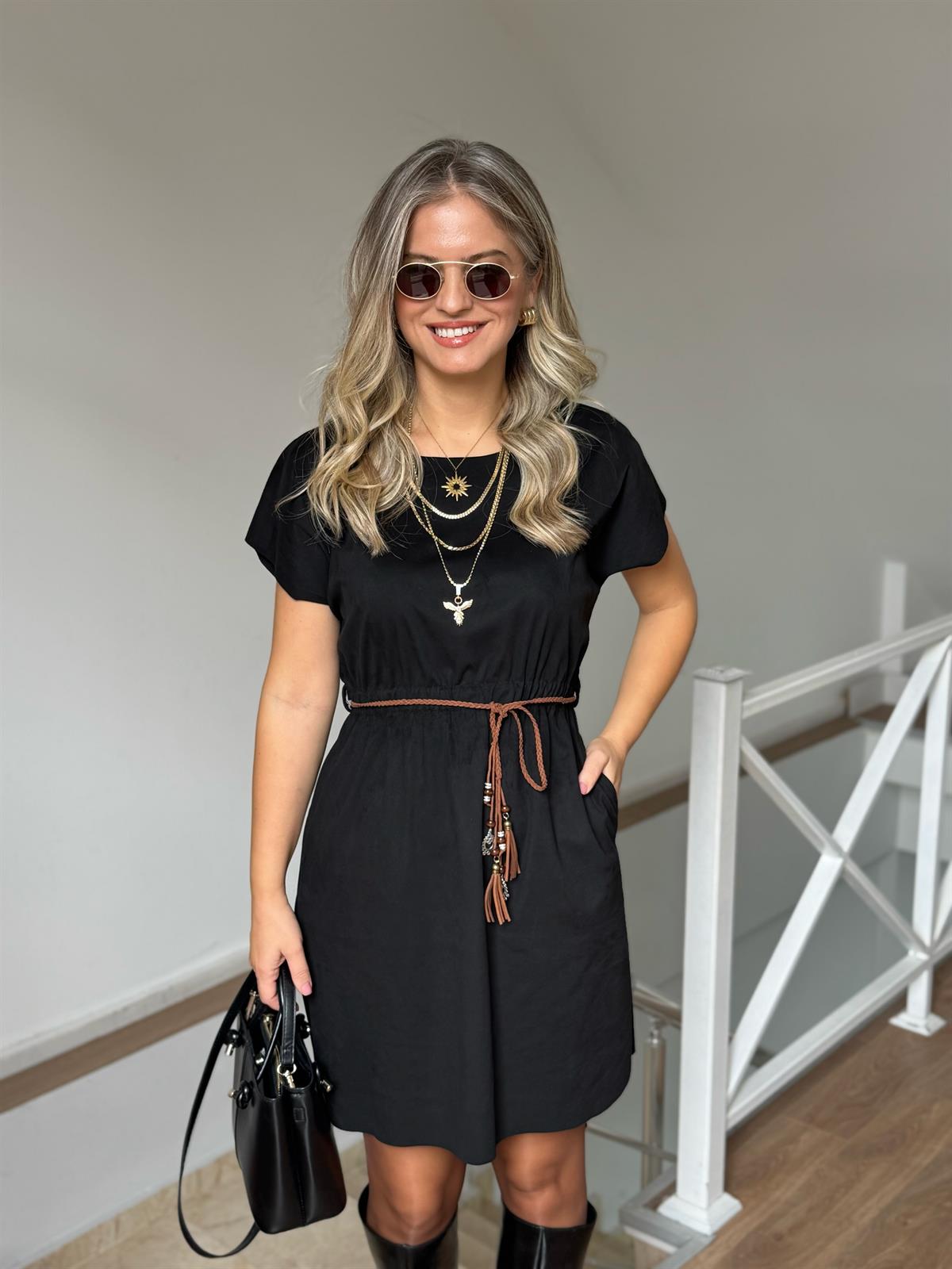 Beli Lastikli Kemerli Süet Elbise - Siyah