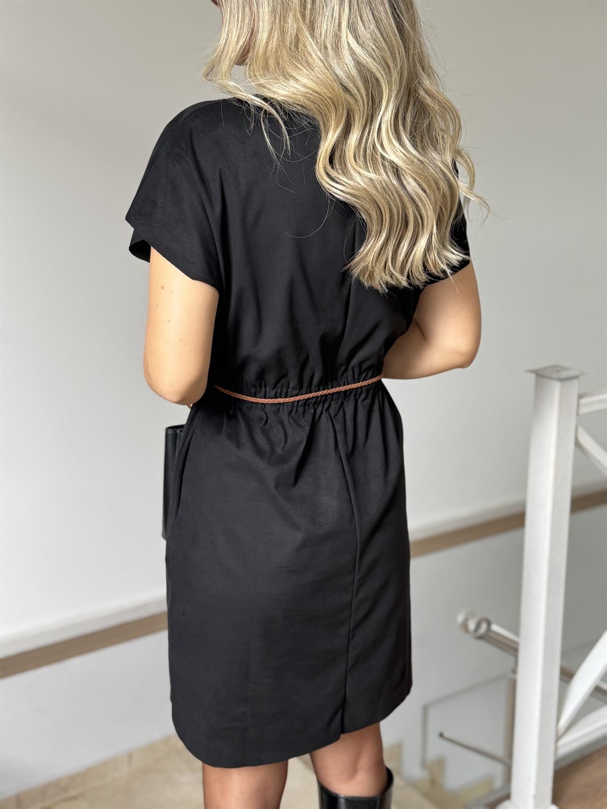 Beli Lastikli Kemerli Süet Elbise - Siyah