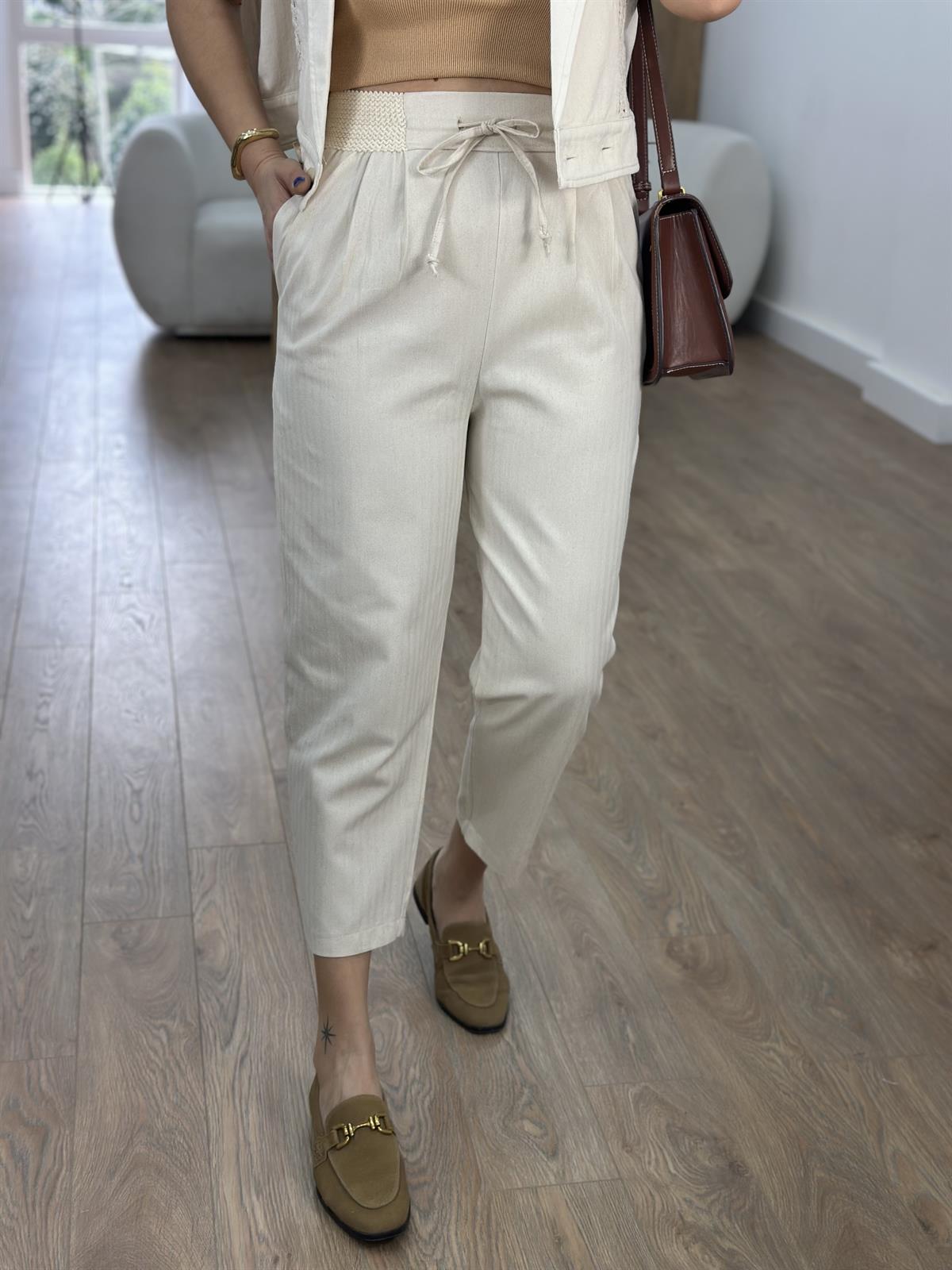 Beli Lastikli Keten Dokuda Havuç Pantolon