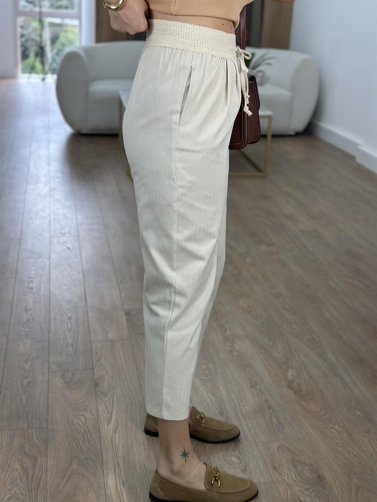 Beli Lastikli Keten Dokuda Havuç Pantolon