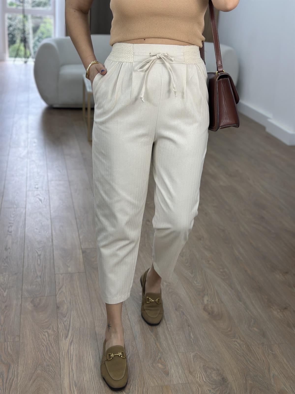 Beli Lastikli Keten Dokuda Havuç Pantolon