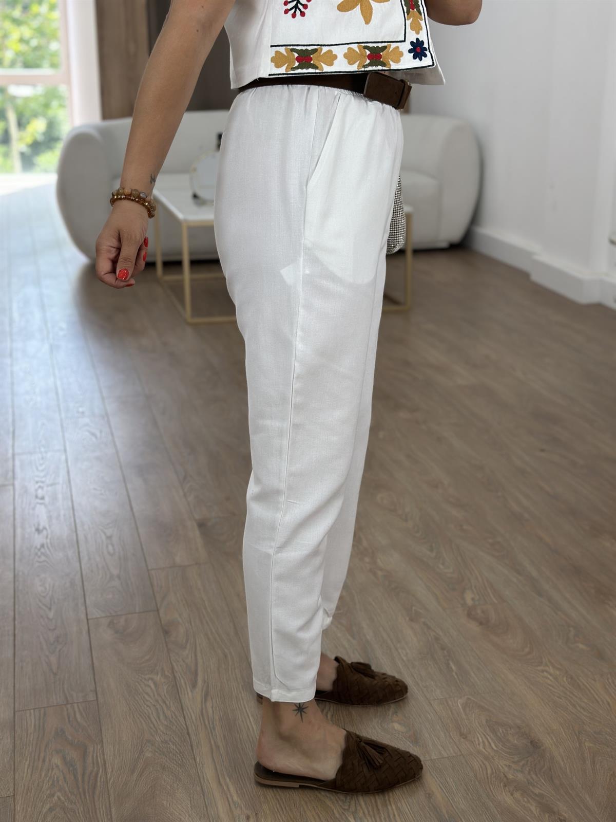 Beli Lastikli Keten Pamuk Pantolon-Beyaz