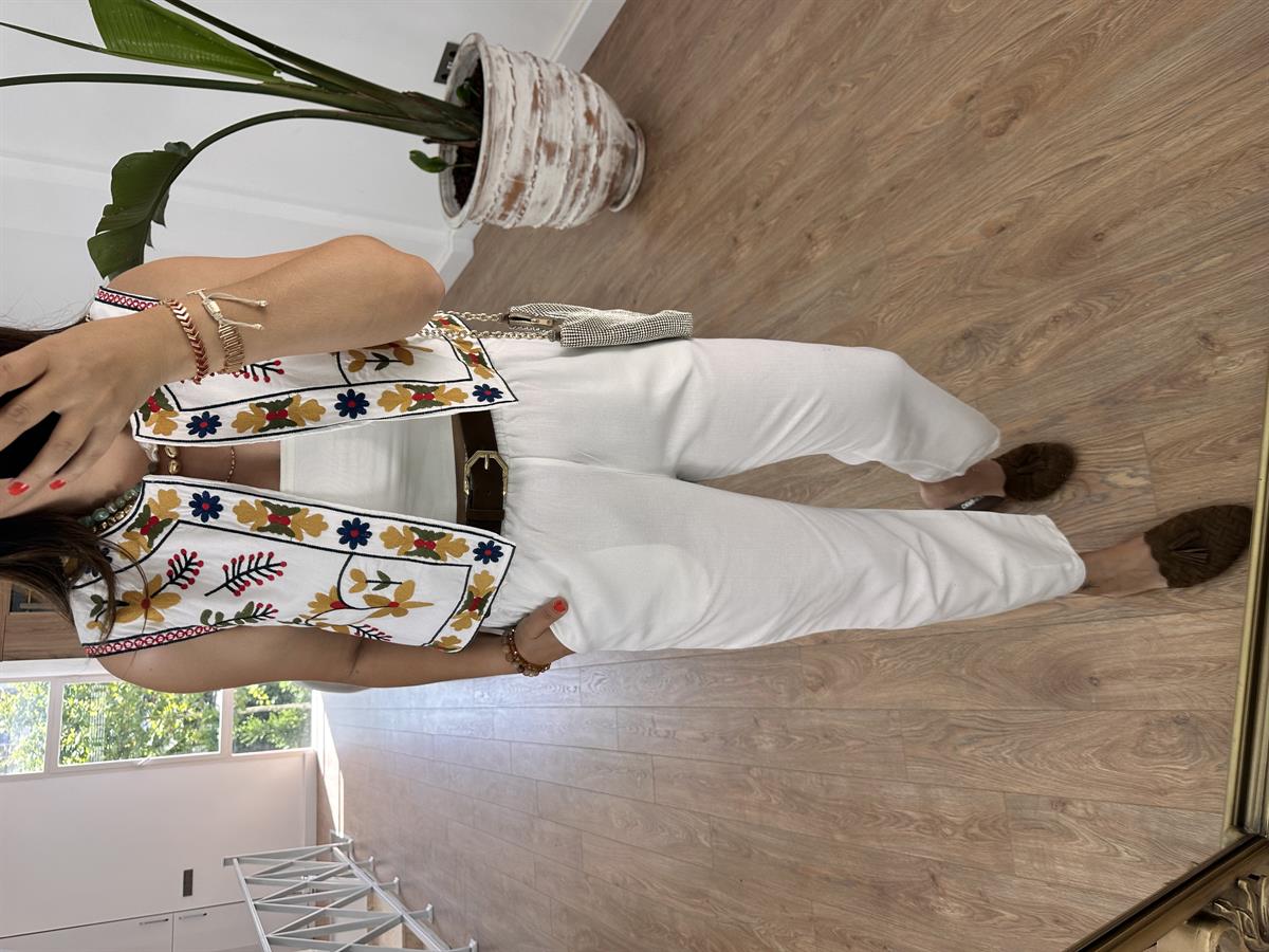 Beli Lastikli Keten Pamuk Pantolon-Beyaz