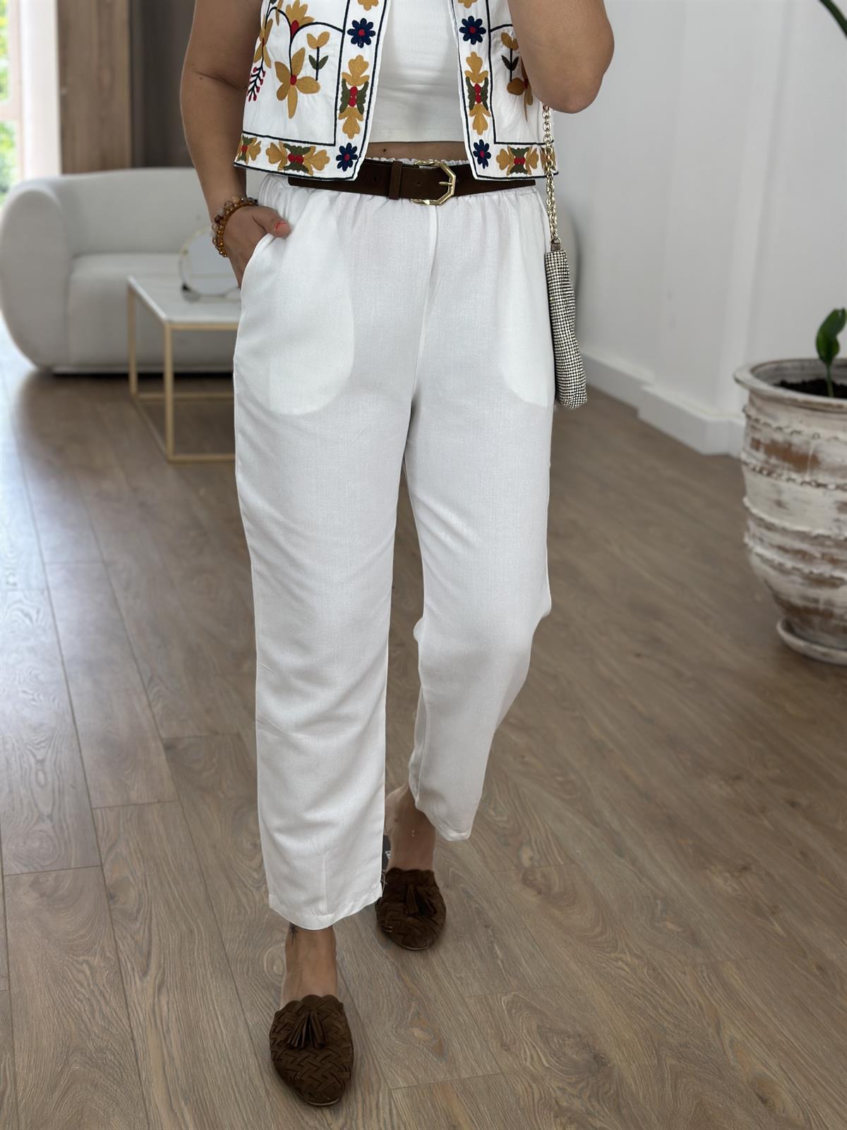 Beli Lastikli Keten Pamuk Pantolon-Beyaz