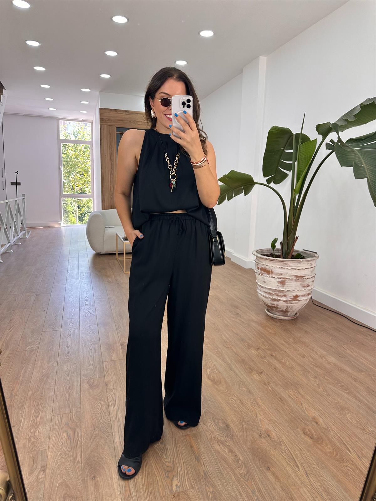 Beli Lastikli Keten Pantolon - Siyah