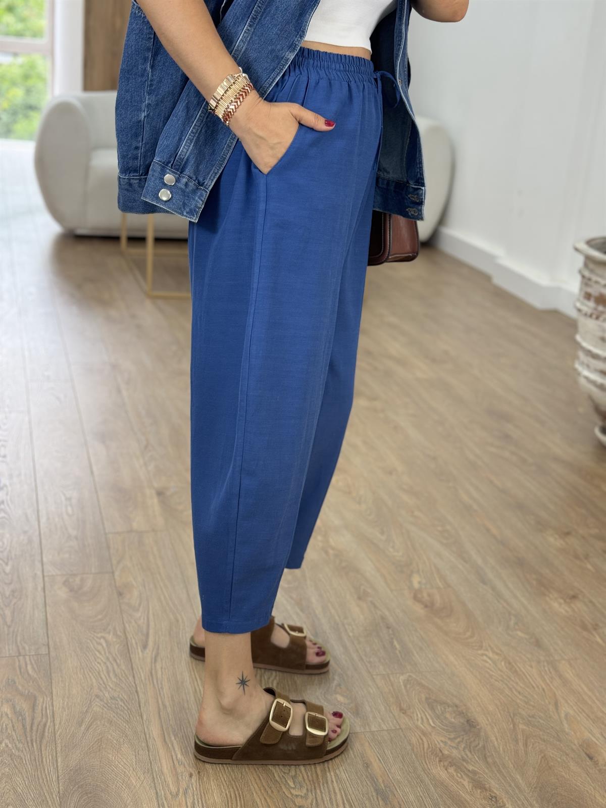 Beli Lastikli Keten Şalvar Pantolon-İndigo