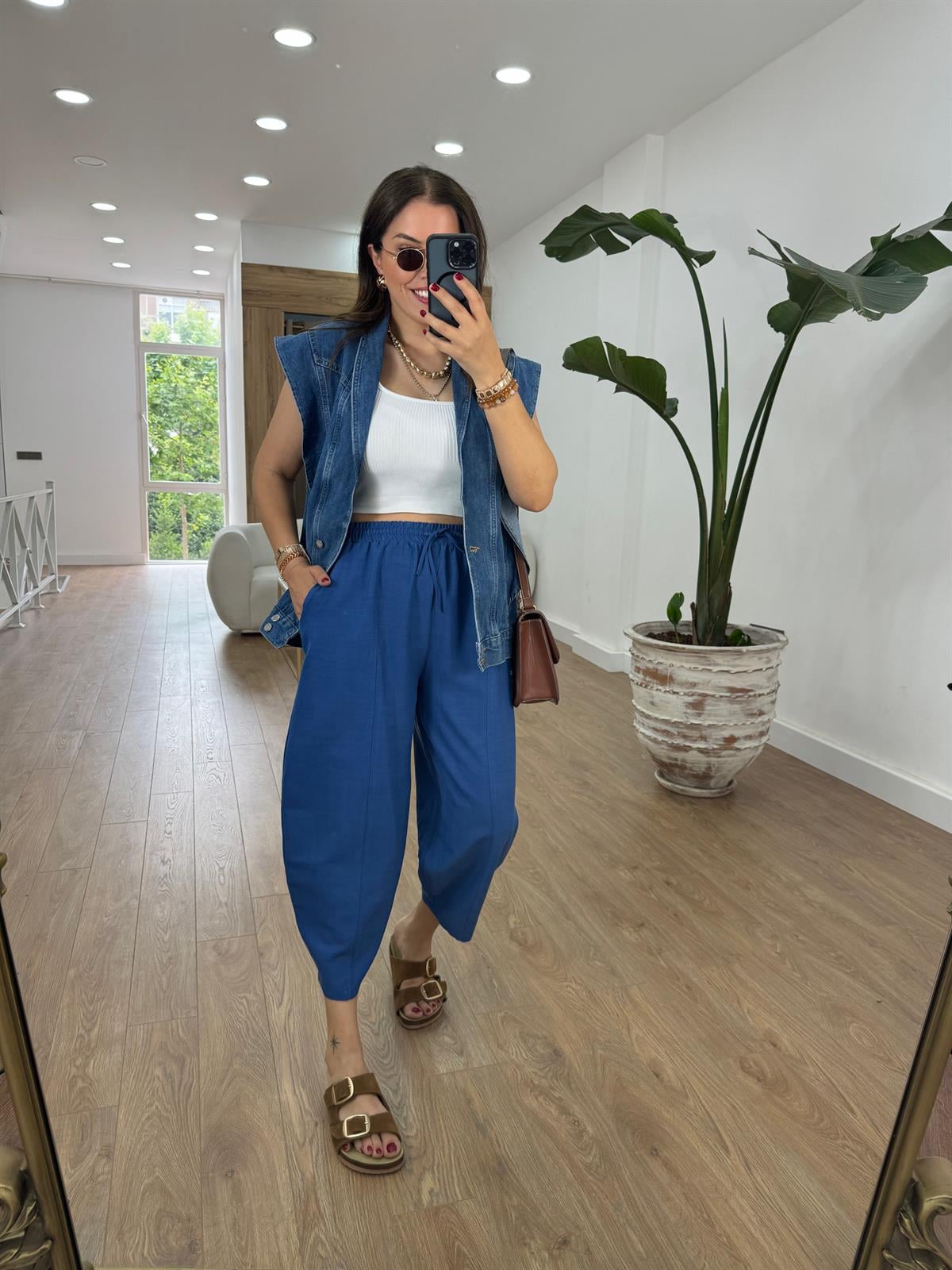 Beli Lastikli Keten Şalvar Pantolon-İndigo