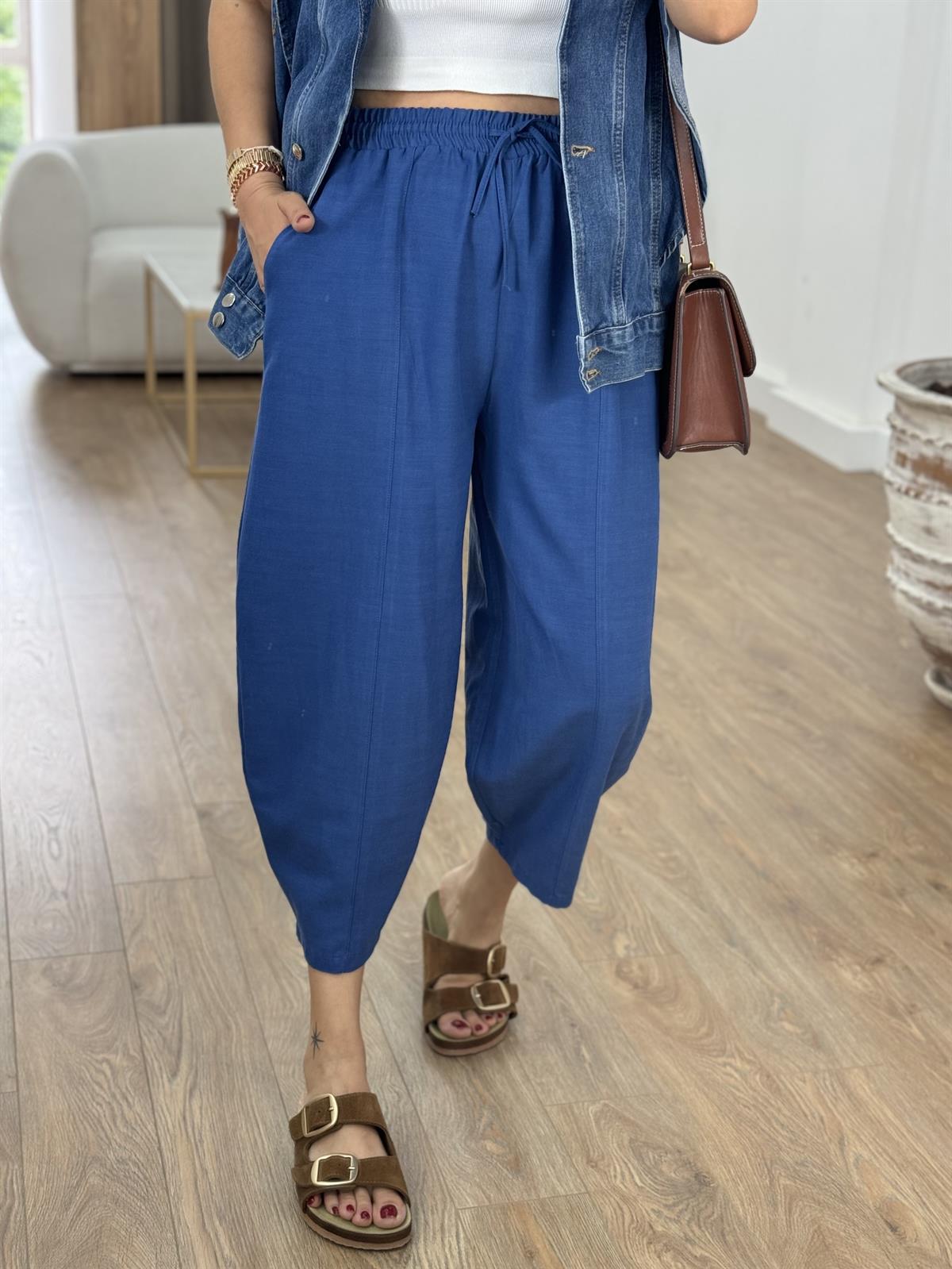 Beli Lastikli Keten Şalvar Pantolon-İndigo