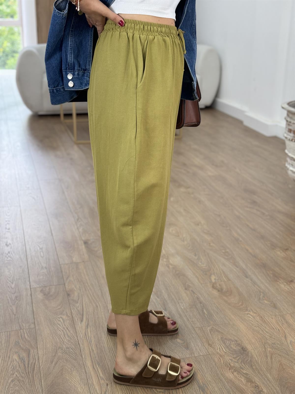 Beli Lastikli Keten Şalvar Pantolon-Olive