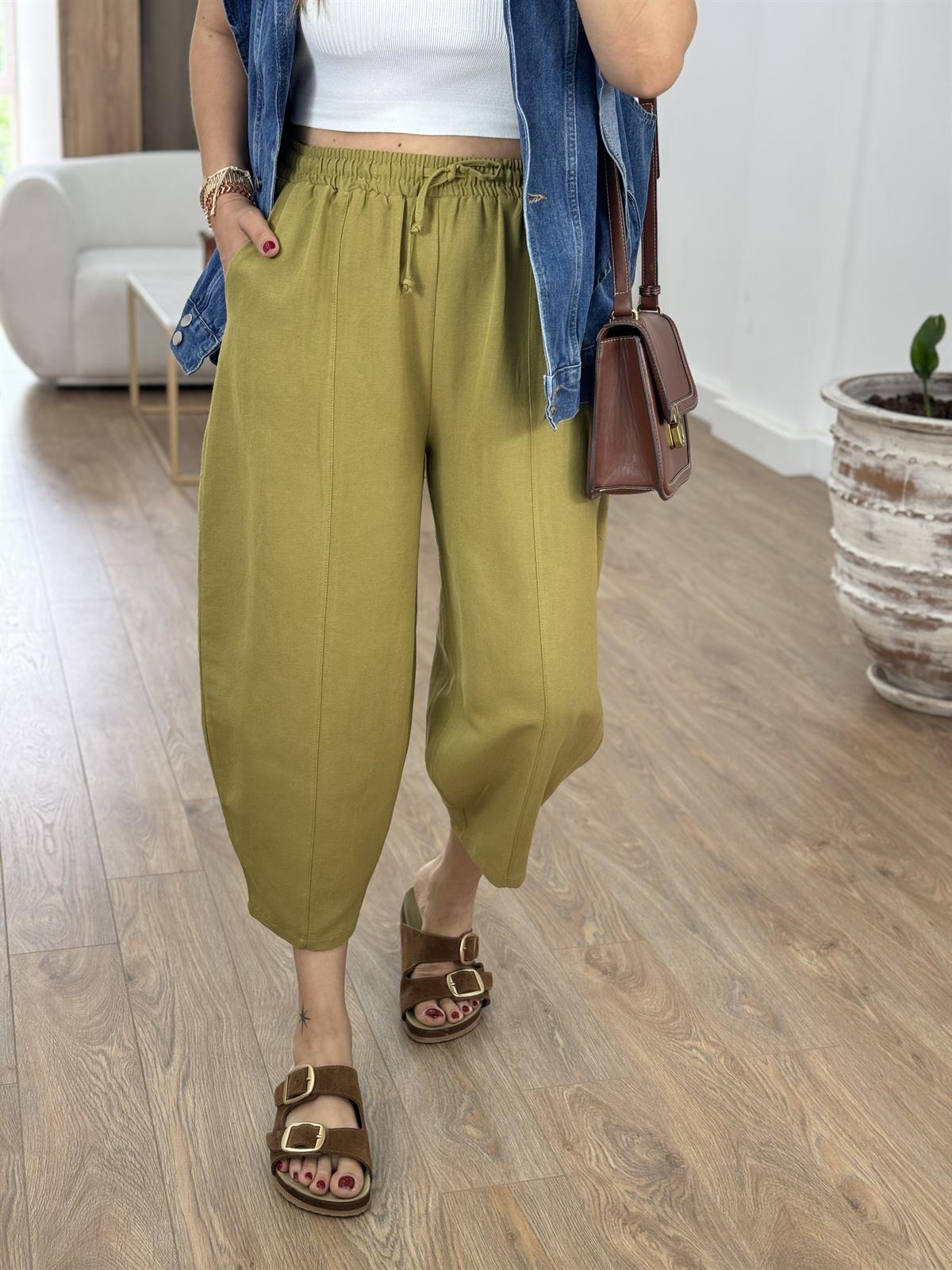 Beli Lastikli Keten Şalvar Pantolon-Olive