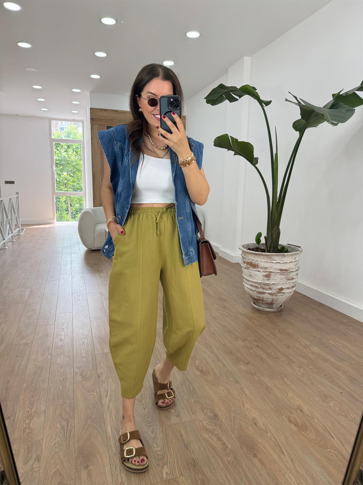 Beli Lastikli Keten Şalvar Pantolon-Olive