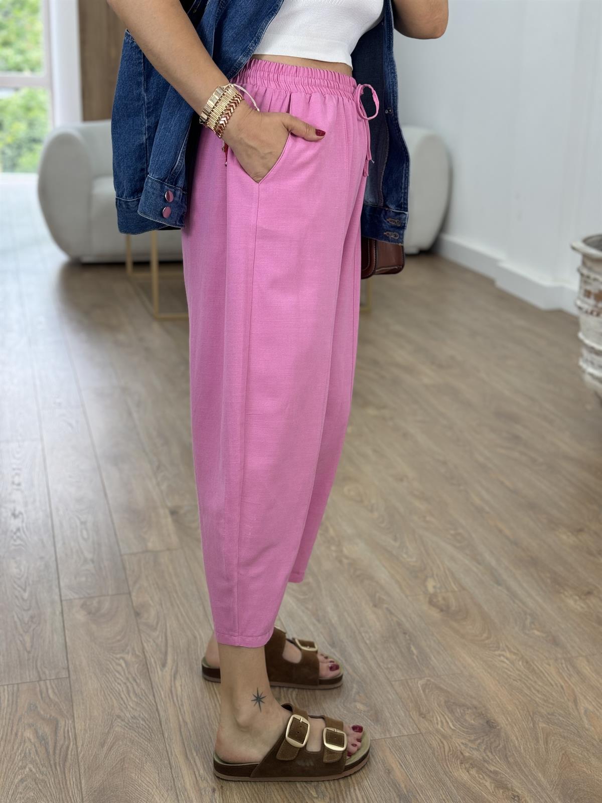 Beli Lastikli Keten Şalvar Pantolon-Pembe