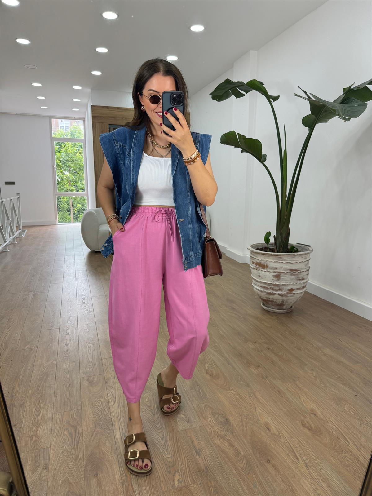 Beli Lastikli Keten Şalvar Pantolon-Pembe