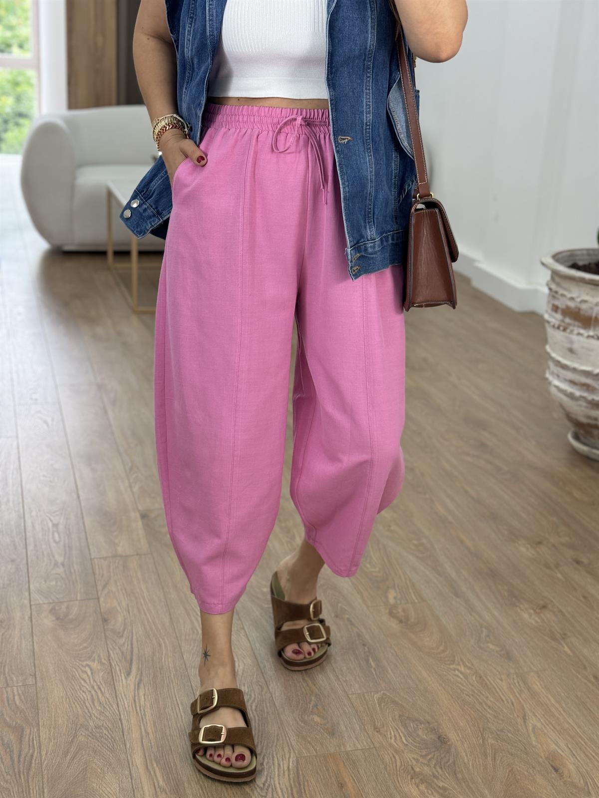 Beli Lastikli Keten Şalvar Pantolon-Pembe