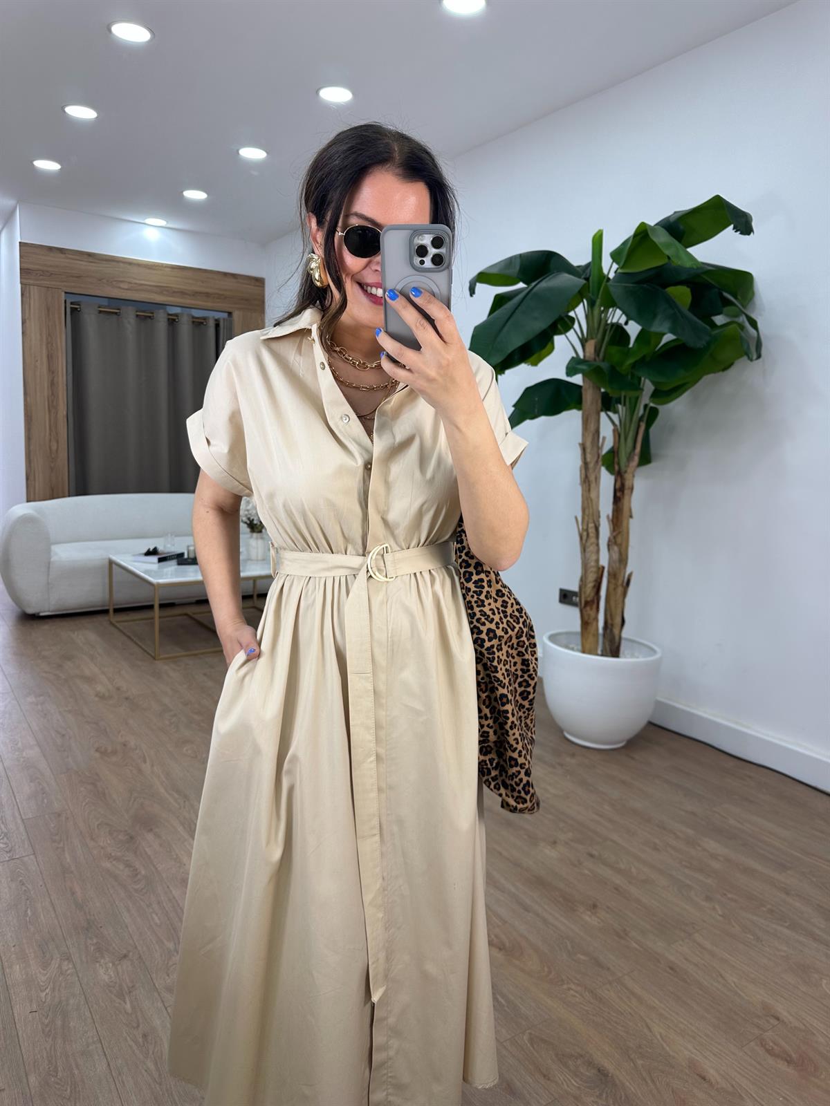 Beli Lastikli Kuşaklı Midi Elbise - Bej