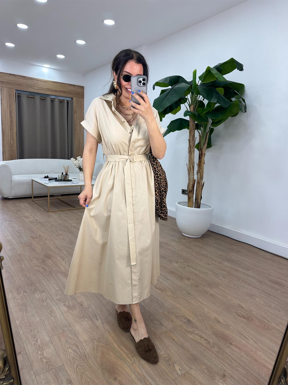 Beli Lastikli Kuşaklı Midi Elbise - Bej