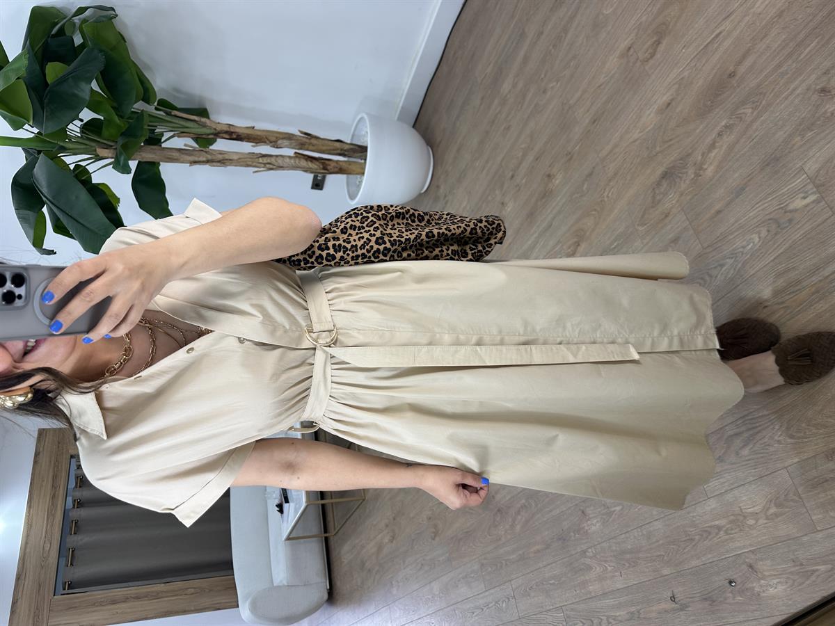 Beli Lastikli Kuşaklı Midi Elbise - Bej