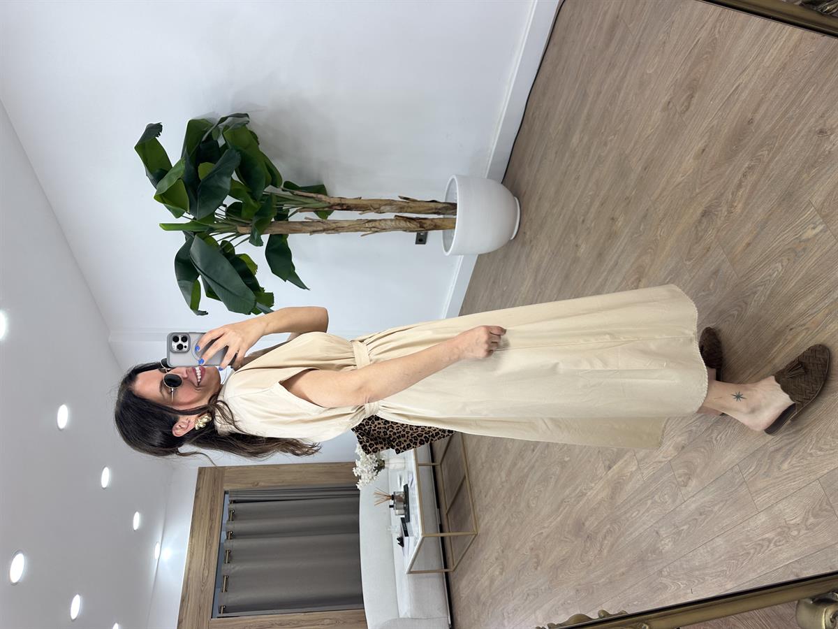 Beli Lastikli Kuşaklı Midi Elbise - Bej