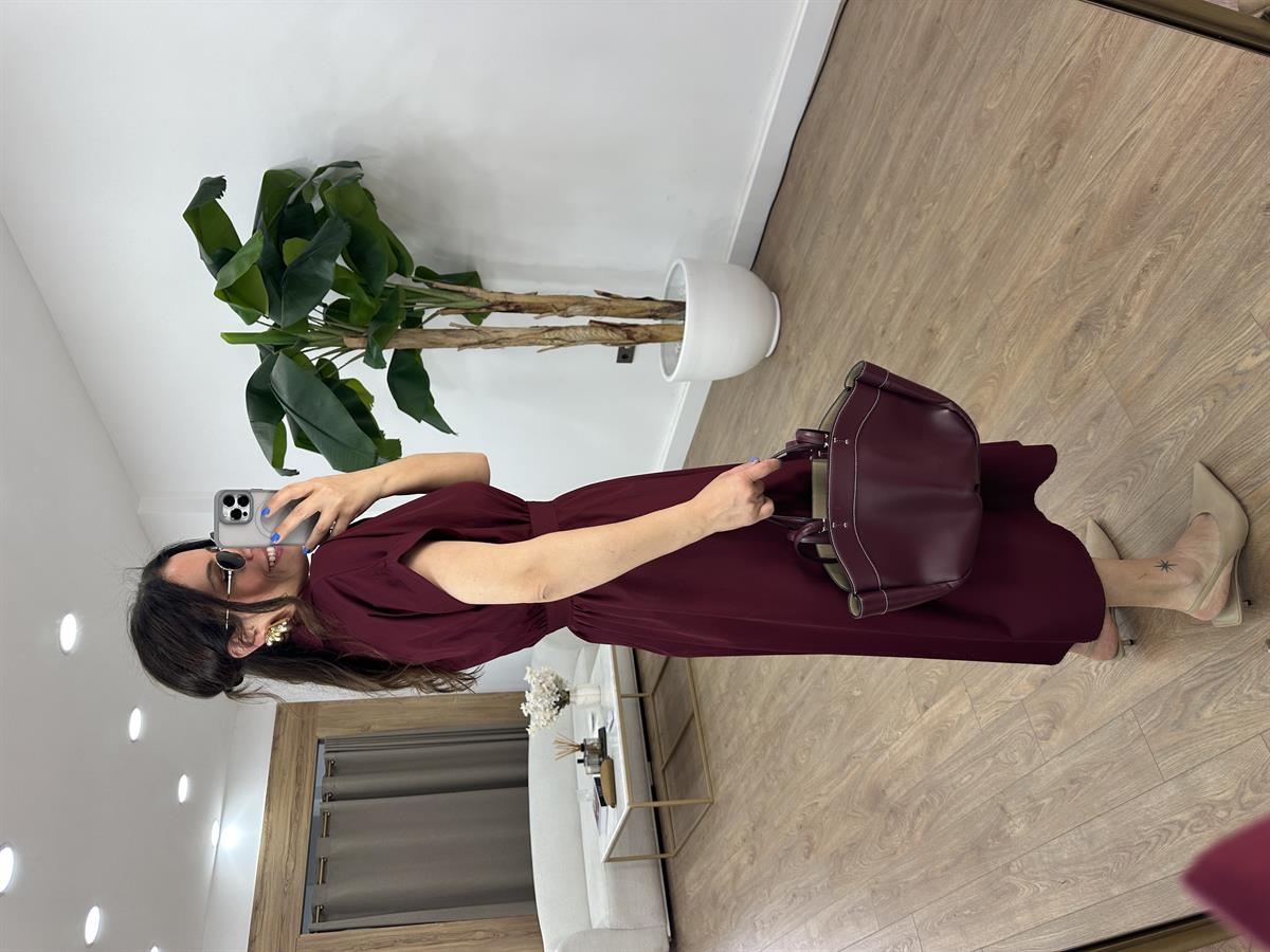 Beli Lastikli Kuşaklı Midi Elbise - Bordo