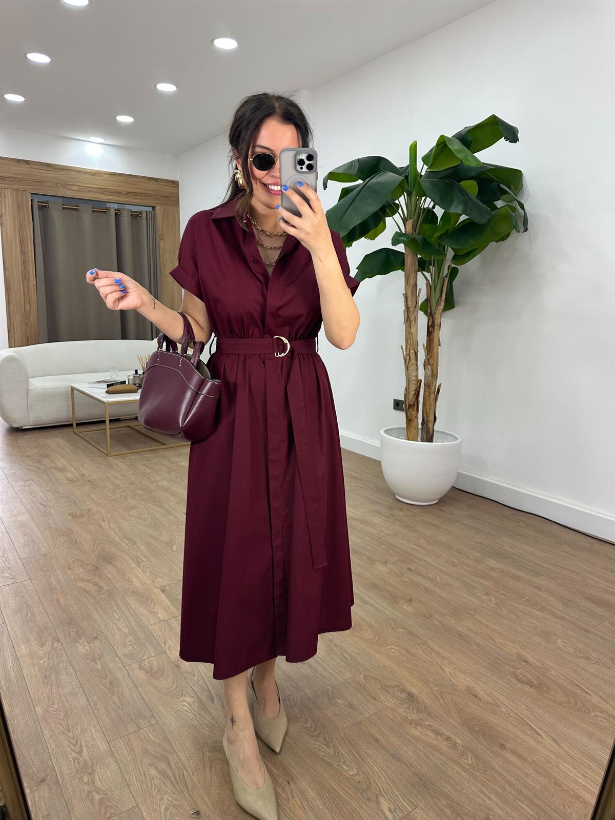 Beli Lastikli Kuşaklı Midi Elbise - Bordo