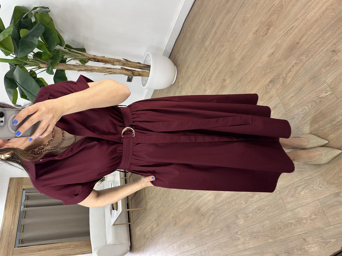 Beli Lastikli Kuşaklı Midi Elbise - Bordo