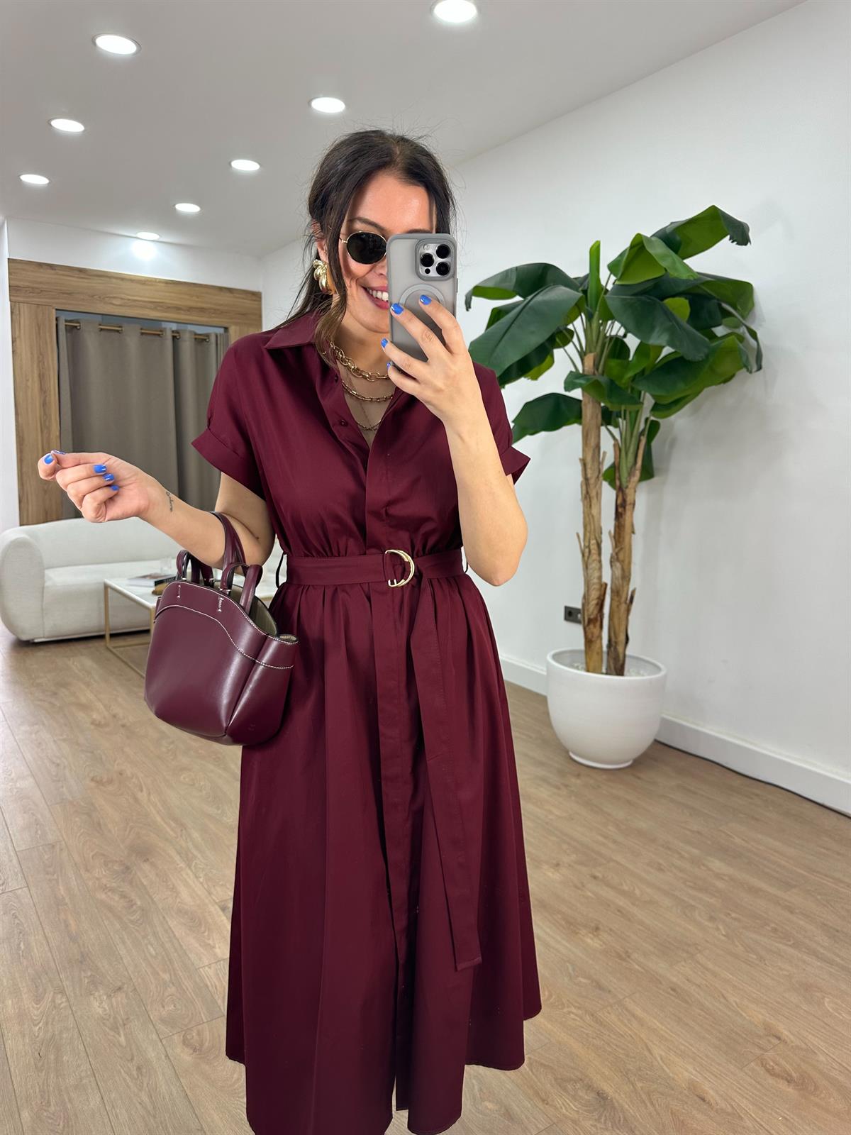 Beli Lastikli Kuşaklı Midi Elbise - Bordo