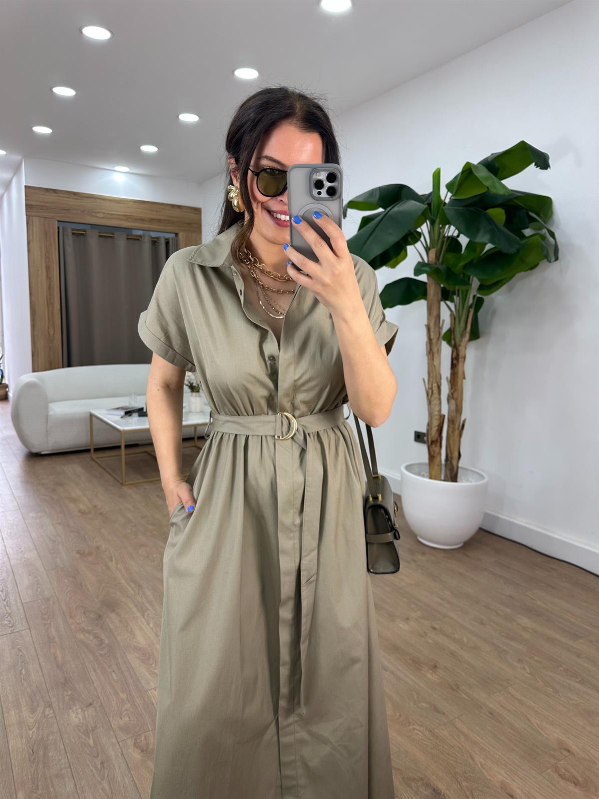 Beli Lastikli Kuşaklı Midi Elbise - Haki