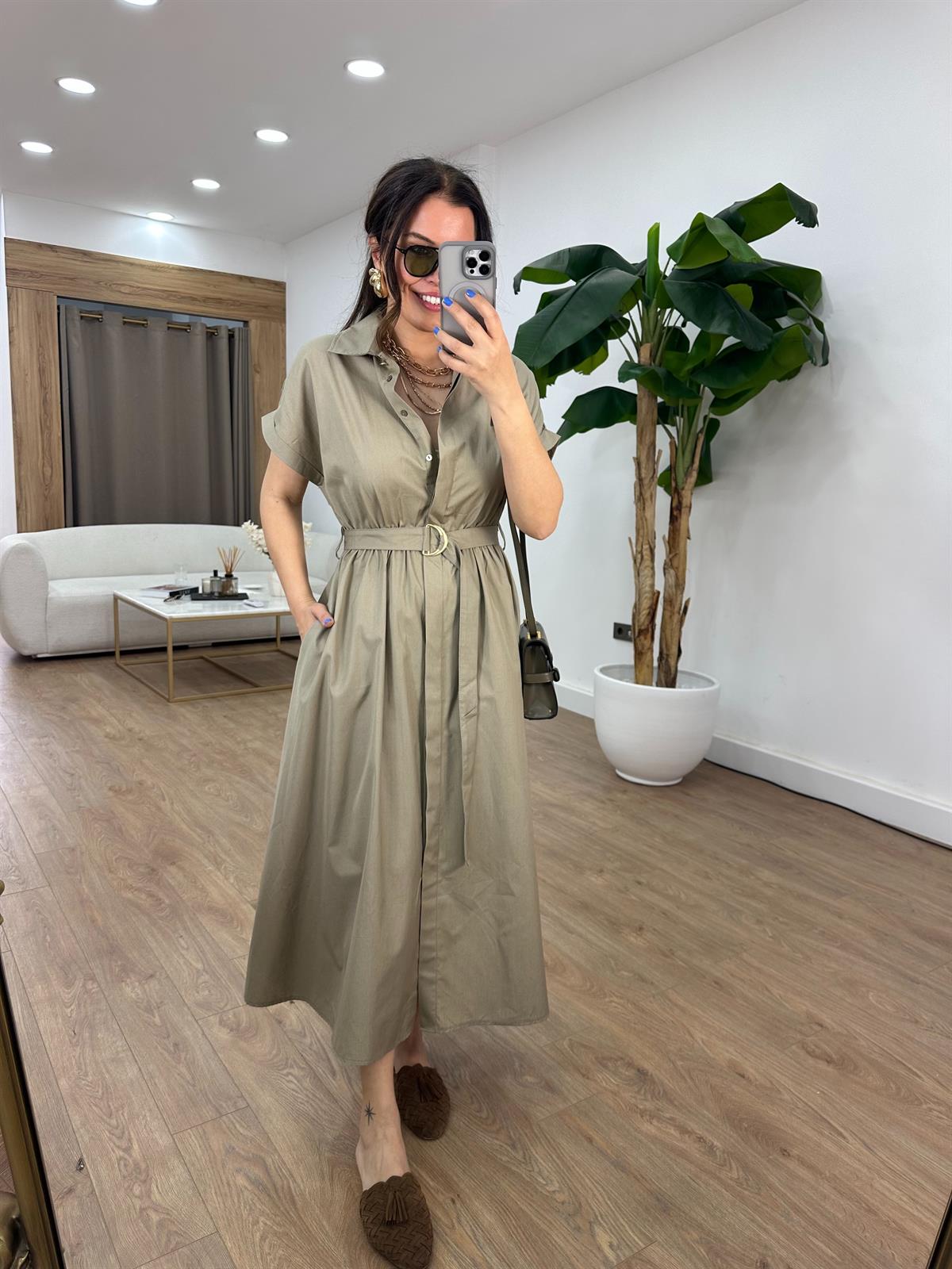 Beli Lastikli Kuşaklı Midi Elbise - Haki