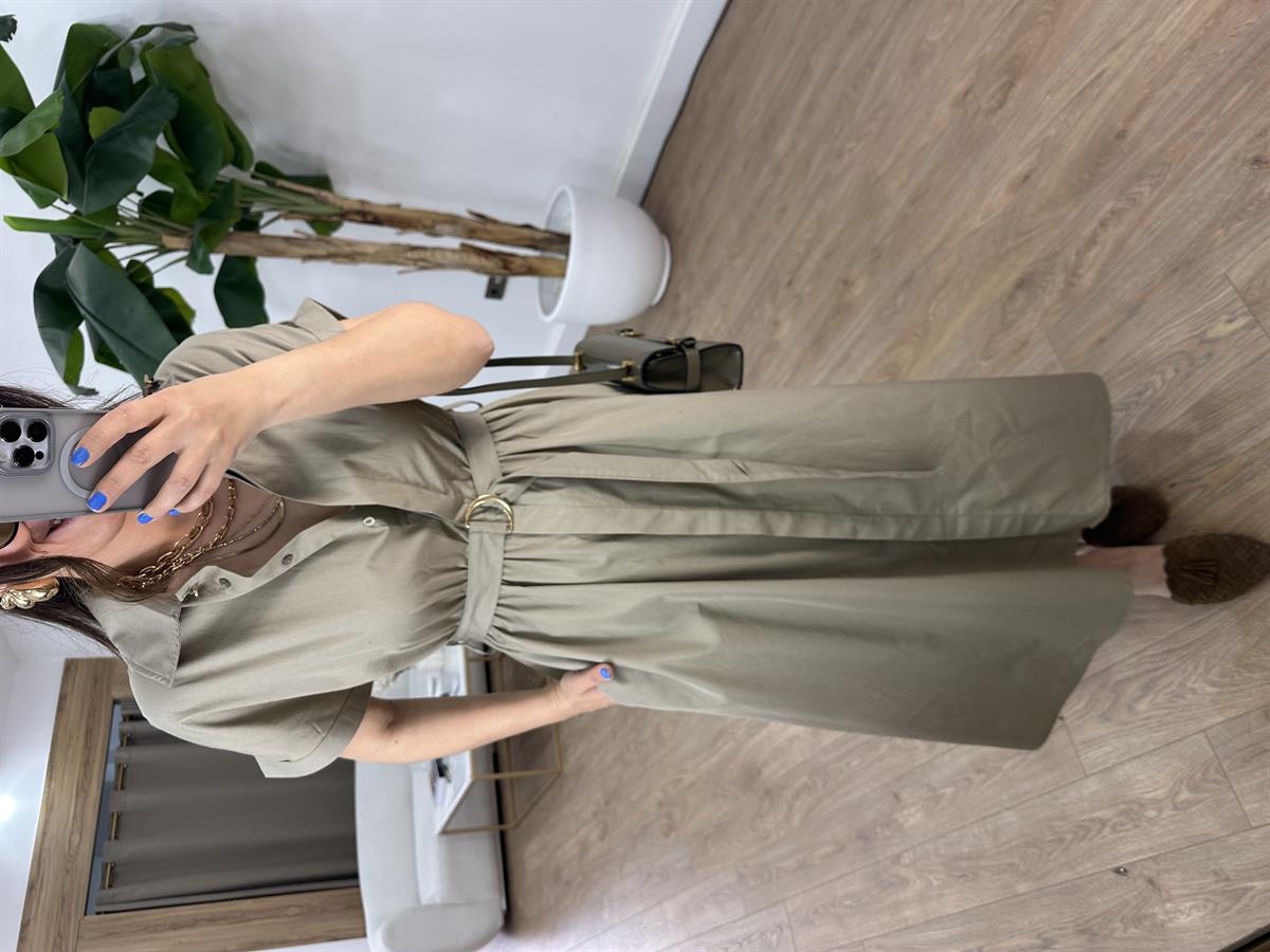 Beli Lastikli Kuşaklı Midi Elbise - Haki