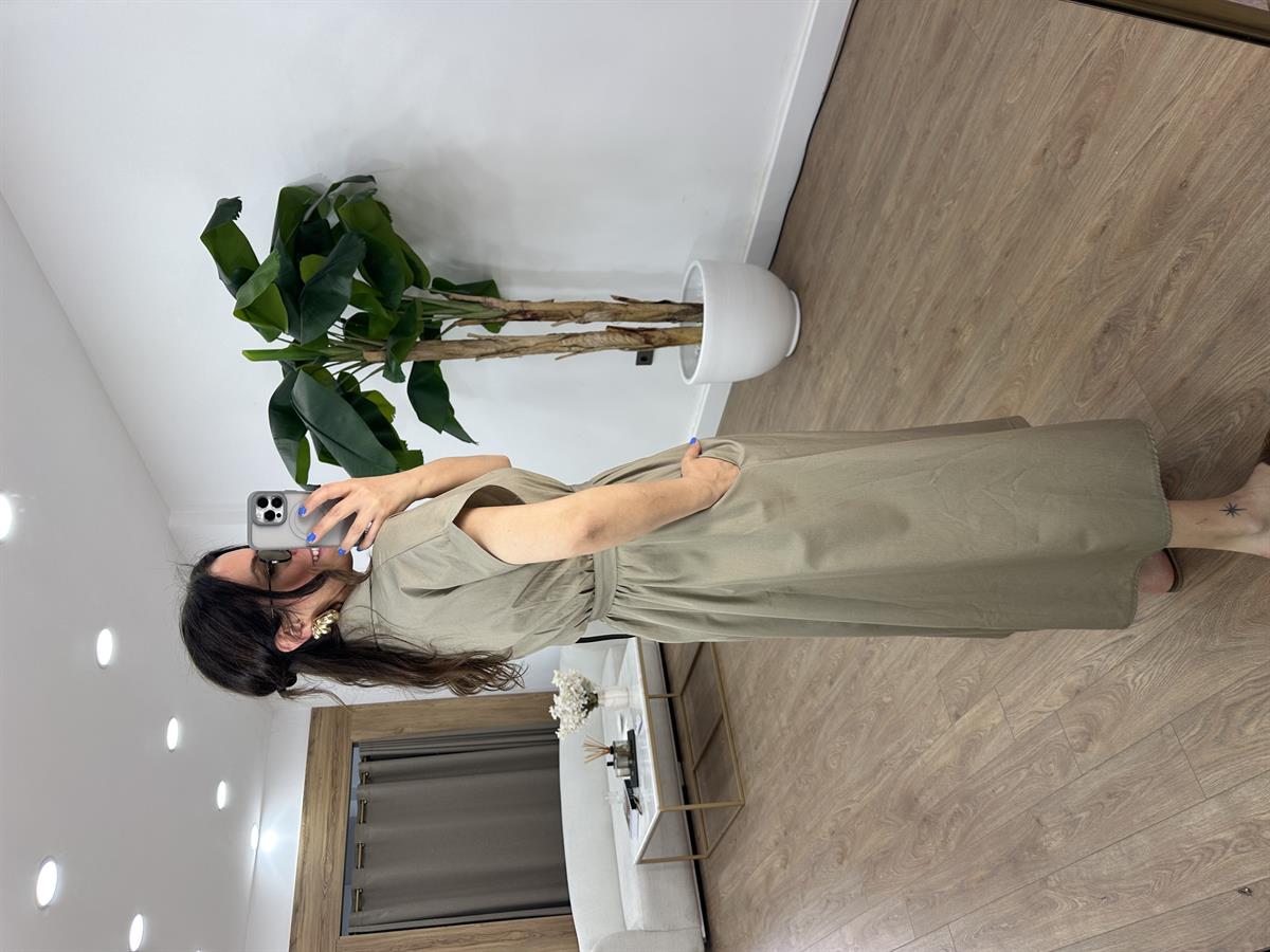 Beli Lastikli Kuşaklı Midi Elbise - Haki