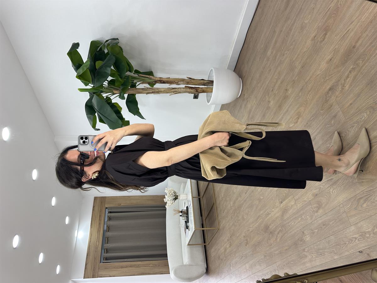 Beli Lastikli Kuşaklı Midi Elbise - Kahverengi