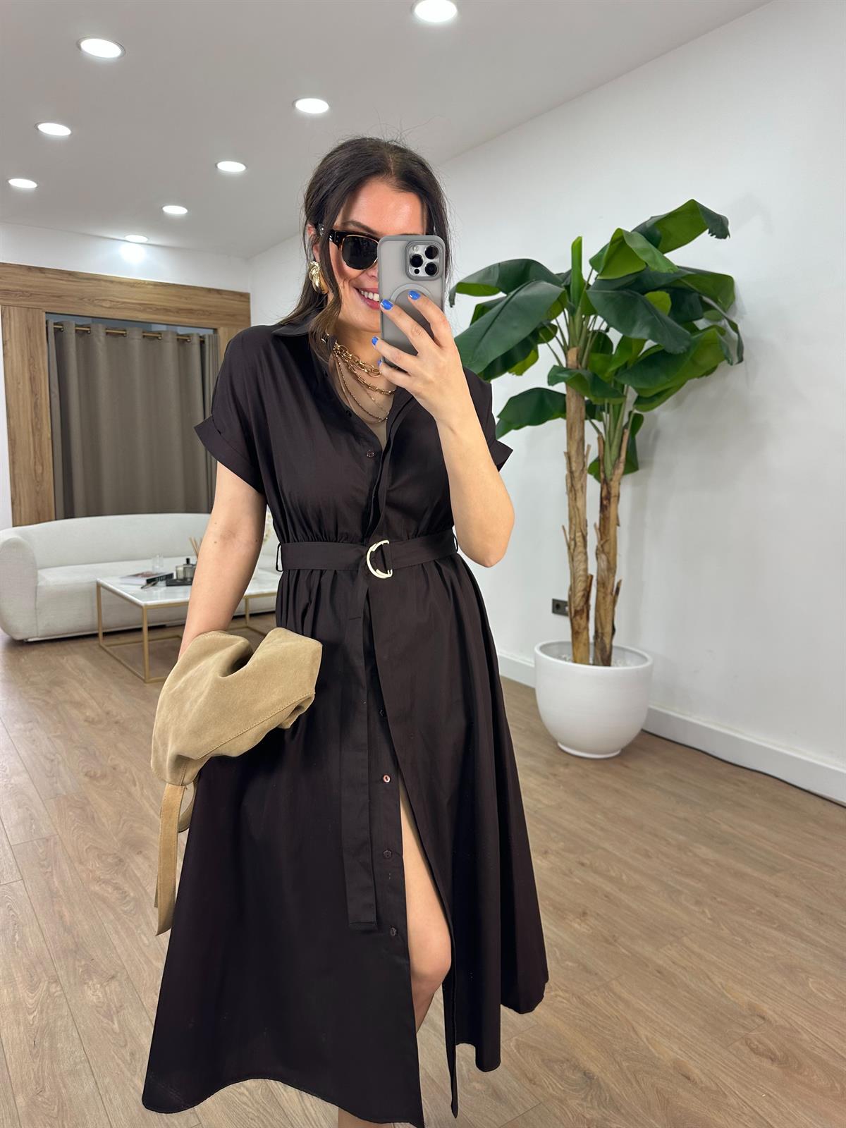 Beli Lastikli Kuşaklı Midi Elbise - Kahverengi