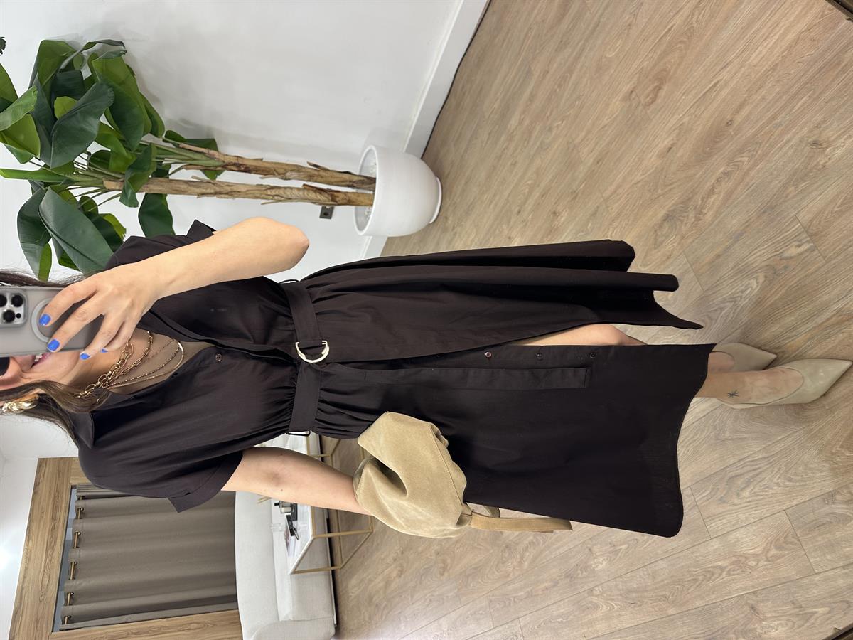 Beli Lastikli Kuşaklı Midi Elbise - Kahverengi