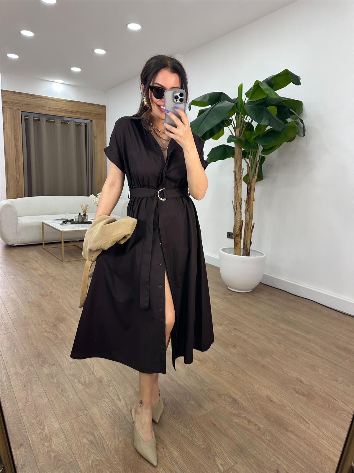 Beli Lastikli Kuşaklı Midi Elbise - Kahverengi