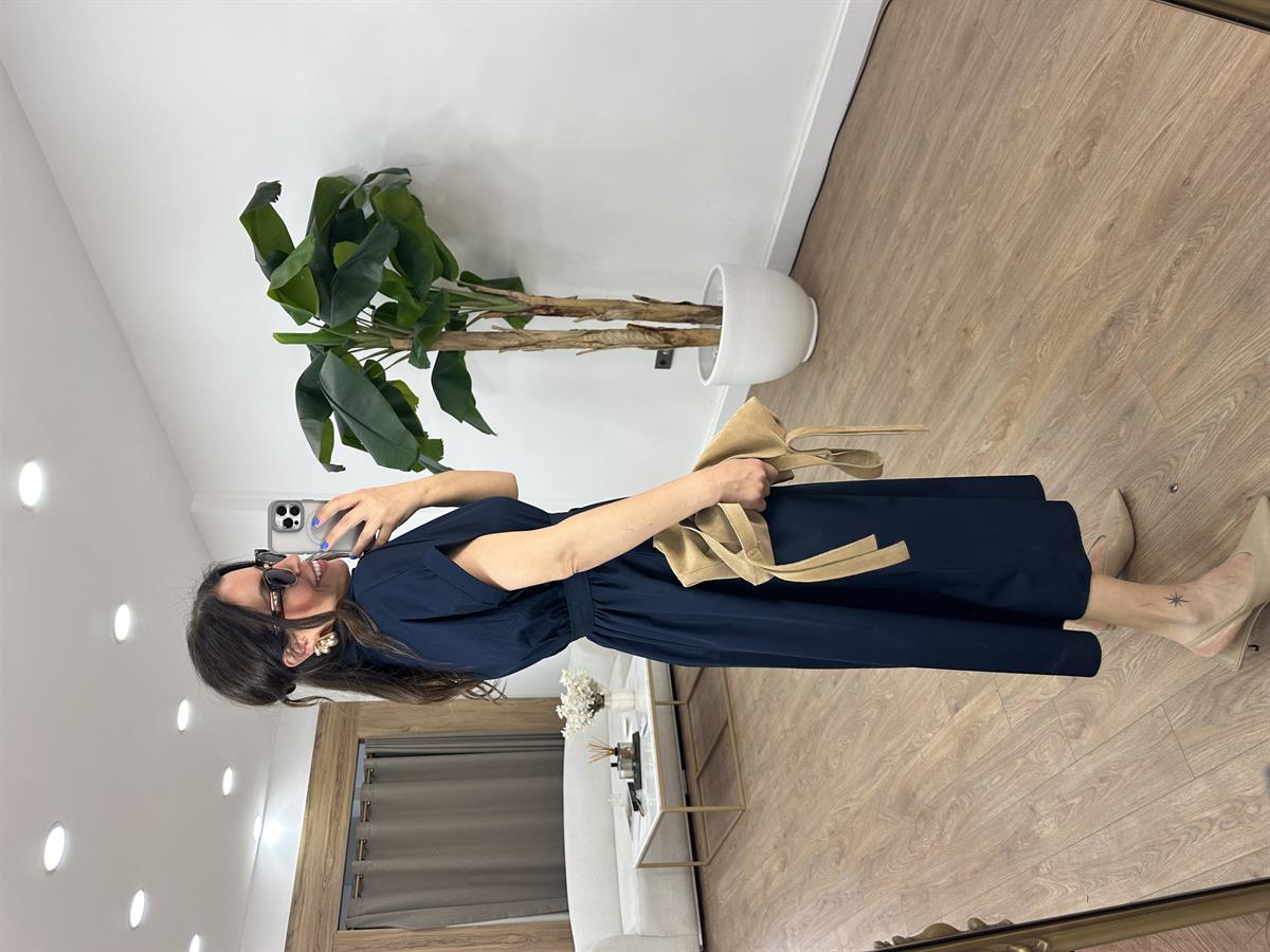 Beli Lastikli Kuşaklı Midi Elbise - Lacivert