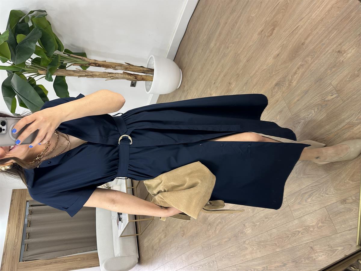 Beli Lastikli Kuşaklı Midi Elbise - Lacivert