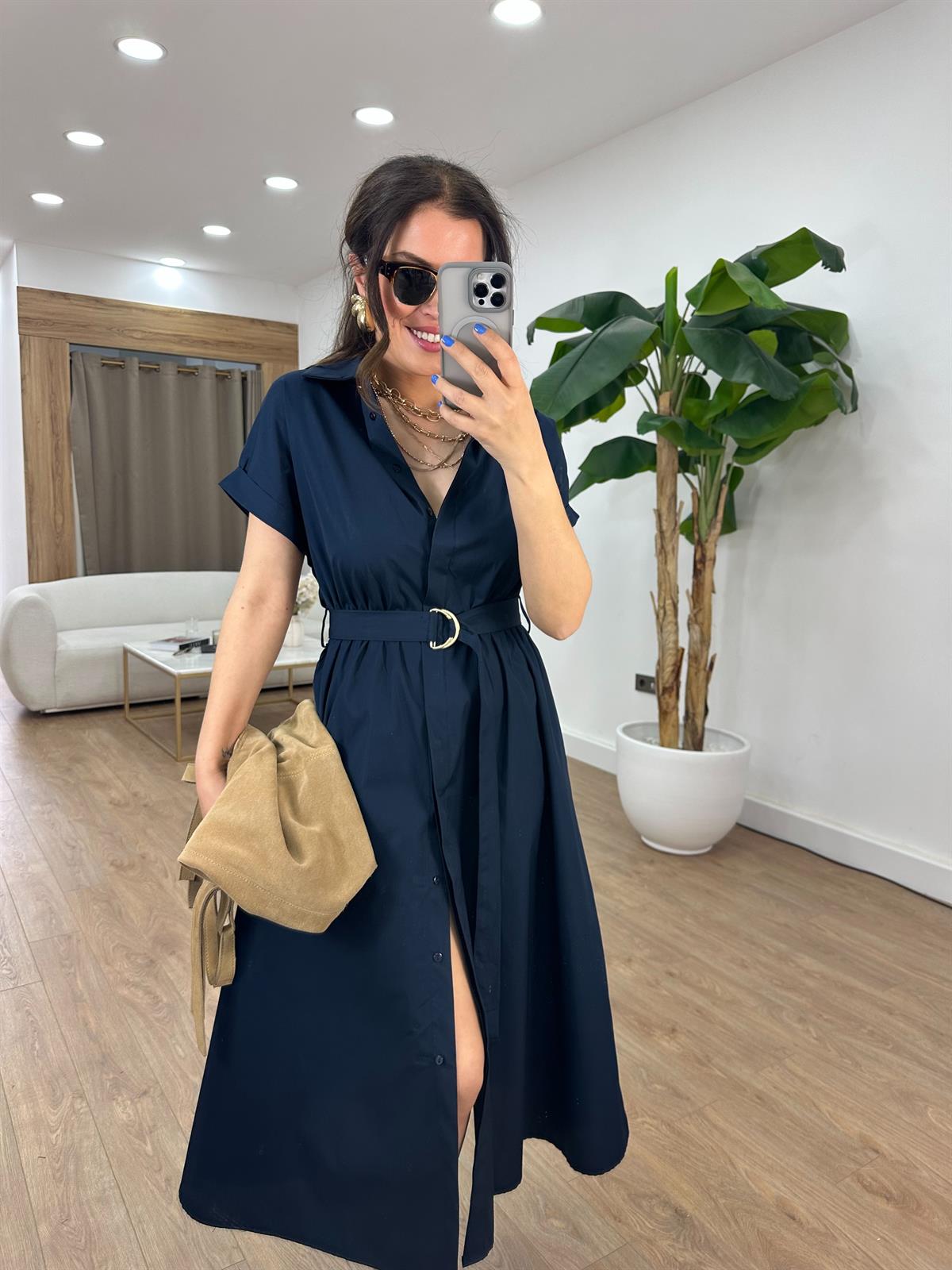 Beli Lastikli Kuşaklı Midi Elbise - Lacivert